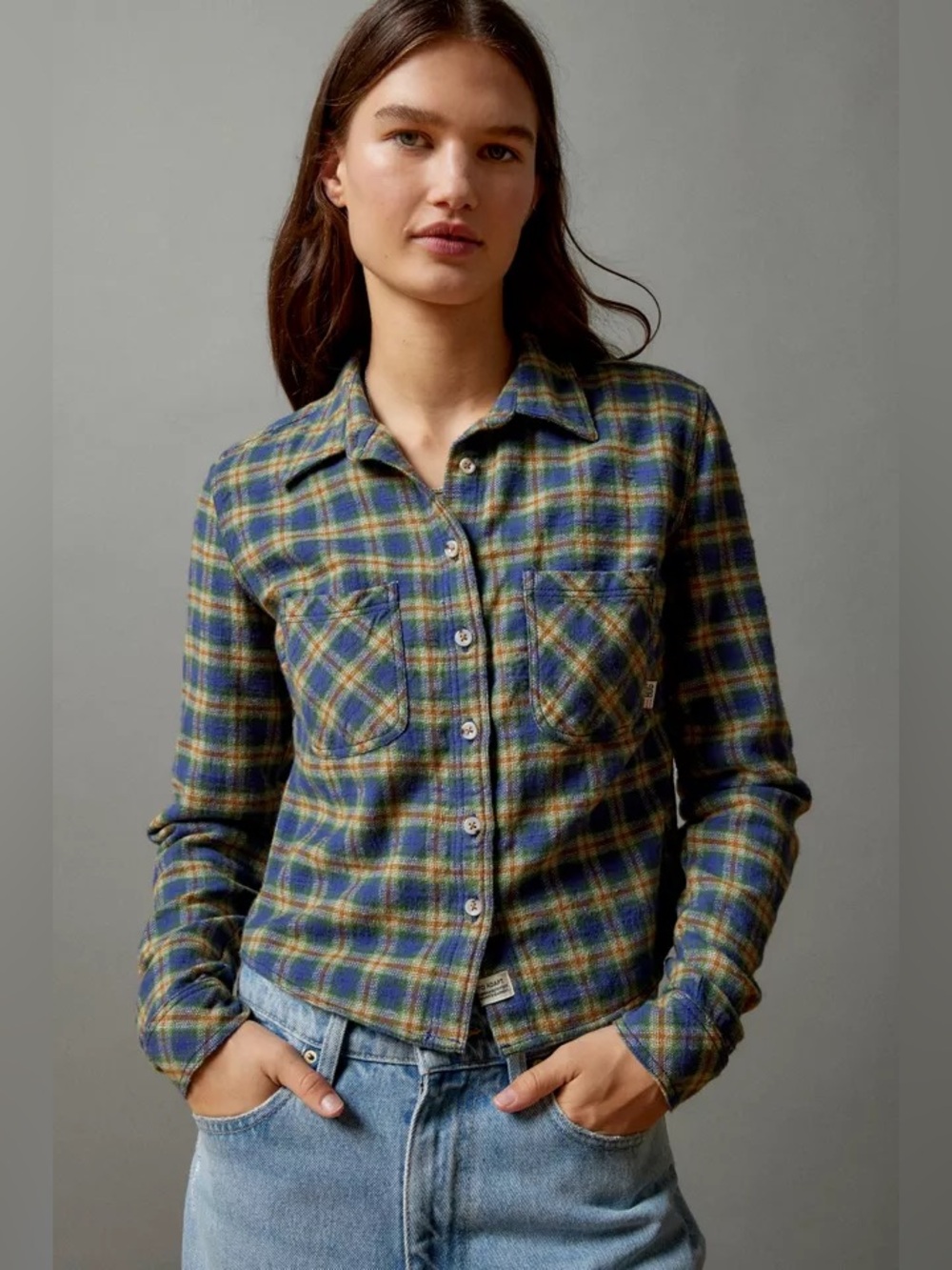 NWOT Urban Outfitters BDG Dakota Cropped Flannel Button Down Shirt Navy Size M